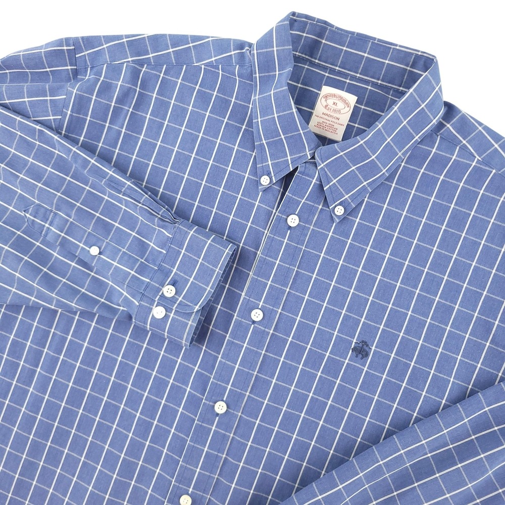Brooks Brothers Dress Shirt Mens XL Blue Check Madison Non Iron Supima Cotton